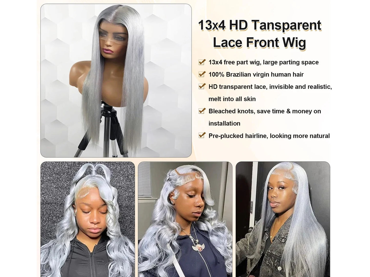 38 Inch 13x6 Hd Lace Frontal Wig 250 Density Grey Straight Human Hair Pre Plucked Transparent 13x4 Lace Frontal Brazilian Wig