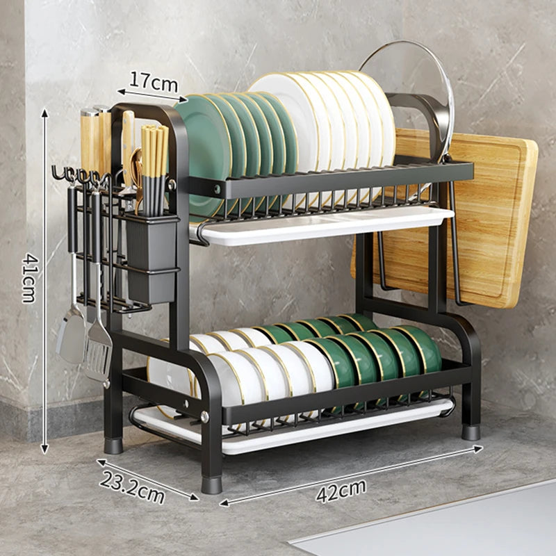 Dish Drying Rack Stainless Steel 2-tier Compact Kitchen Dish Rack Drainboard Large Rust-proof Dish Drainer With Utensil Holder