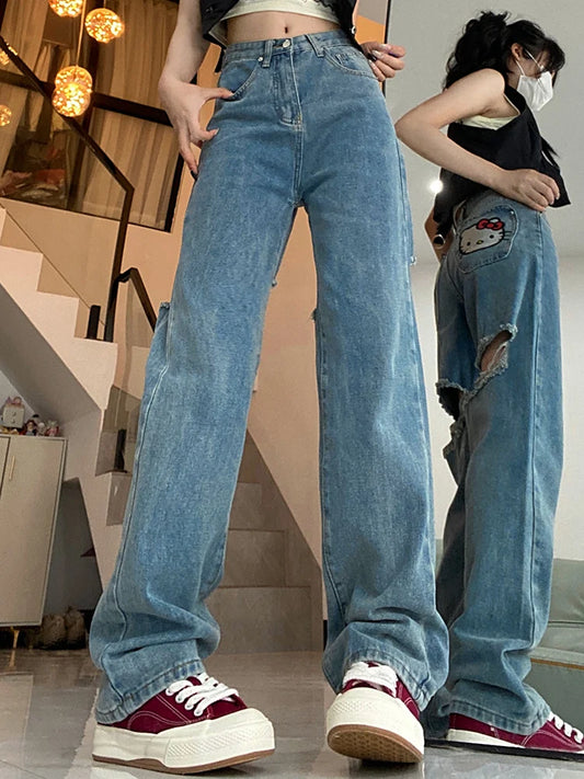 American Retro Sweet Denim Ripped Trousers