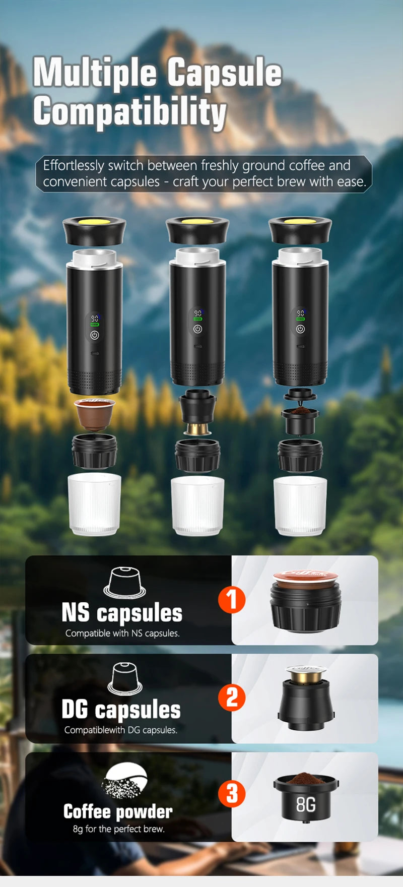 DENOKIN Portable Espresso Coffee Machine With Digital Display 3-in-1 Capsule Coffee Maker