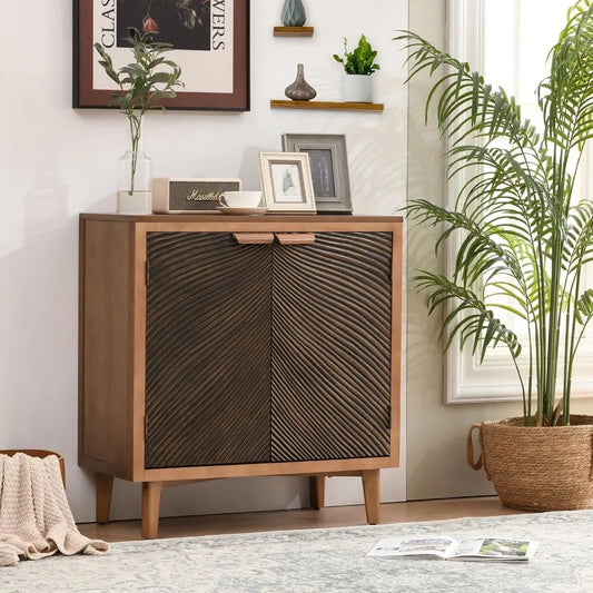 Carved Wood Accent Cabinet with 2 Doors, Mid-Century Sideboard with Storage, Vintage Textured Decorative Credenza, Modern Cabine