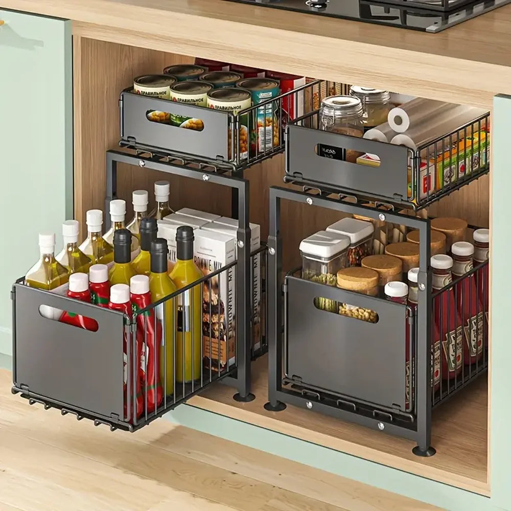 2 Tier Under Sink Storage Organiser Slide-out Cabinet Storage Basket Adjustable Kitchen Storage Rack with Suction cups