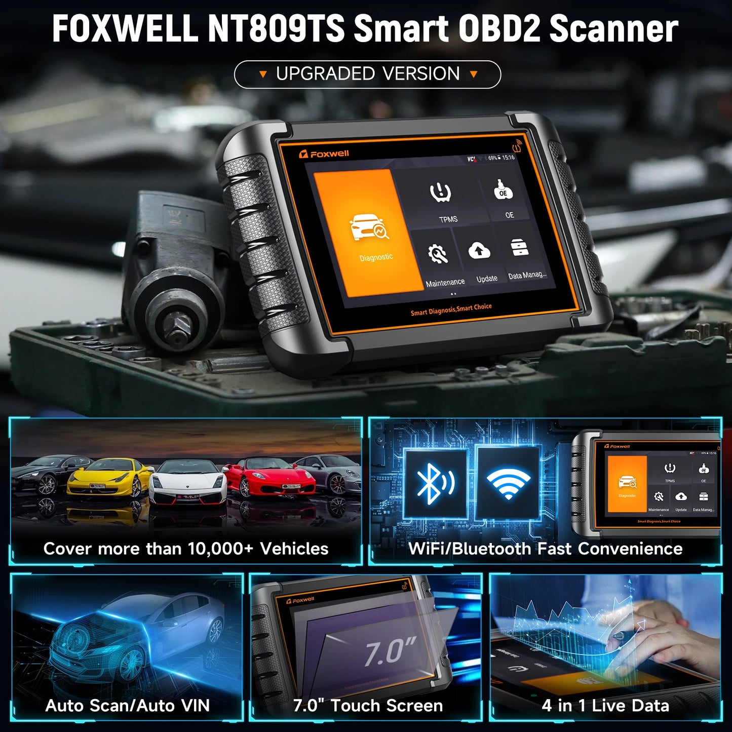 Foxwell NT809TS Bidirectional Car OBD2 Scanner Diagnostic Tool TPMS programming OBD2 Bluetooth Scanner All System Active Test