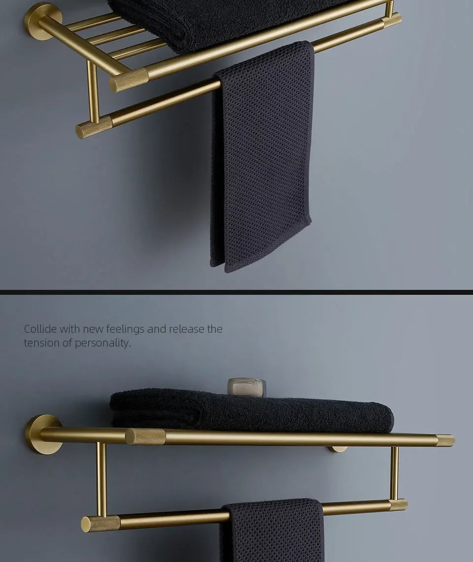 Bathroom Hardware Accessories  Brushed Gold Knurled Brass Kit Towel Bar Ring Robe Hook Paper Holder Towel Ring Toilet Brush