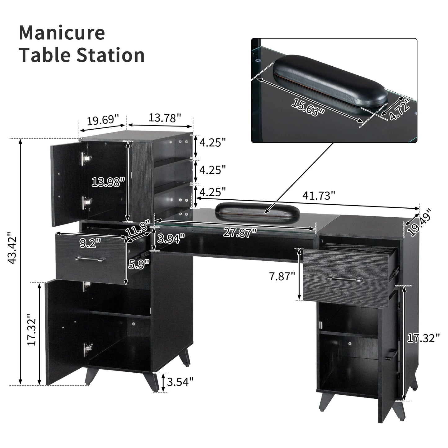 FCH Black relief particle board tempered glass 141*50*112cm three doors and two drawers fanless nail table
