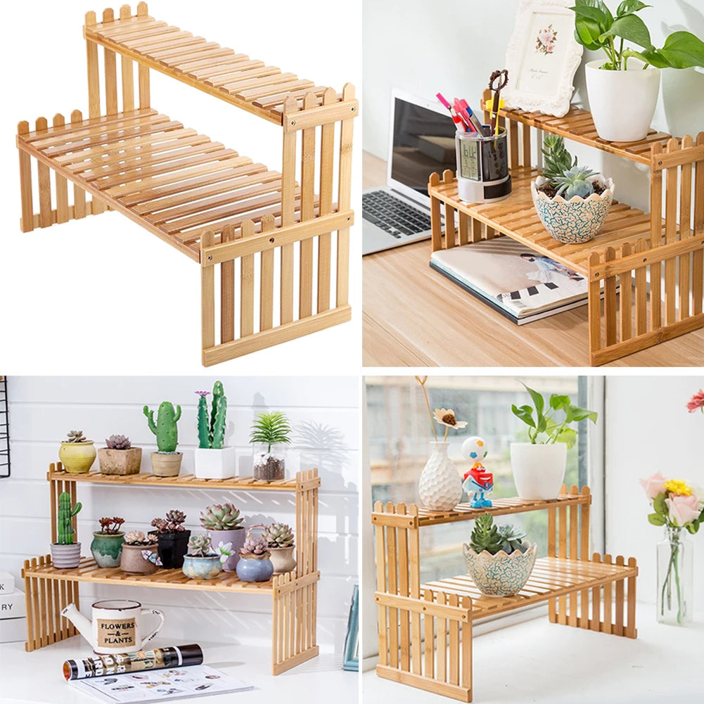 2 Tier Decorative Tabletop Wood Plant Stand Display Shelf For Home Office Tidy Storage Organiser