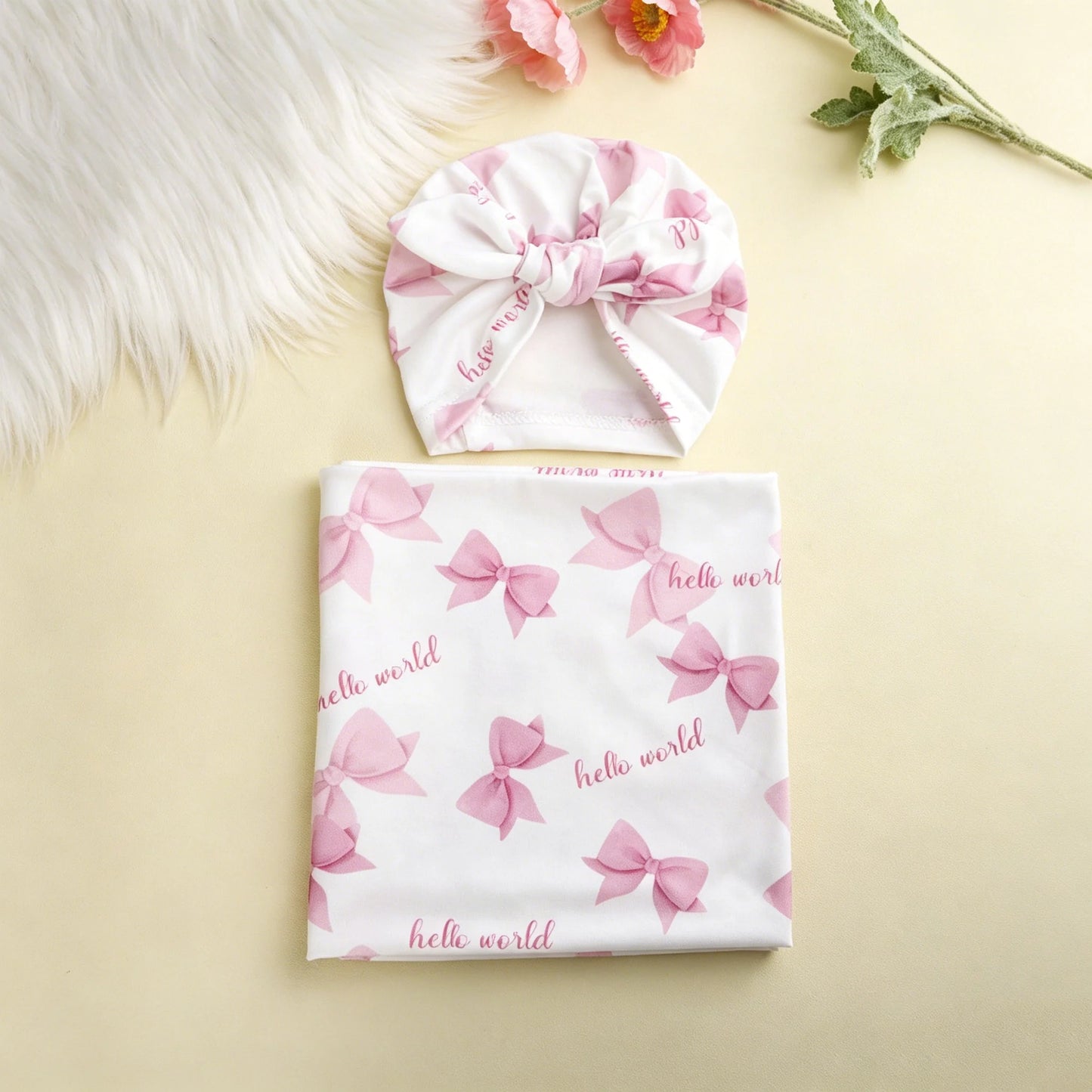 Ylsteed Newborn Photography Receive Blanket Newborn Bow Print Swaddle Blanket with Hat Bedding Infant Bath Towel Baby Items-HD