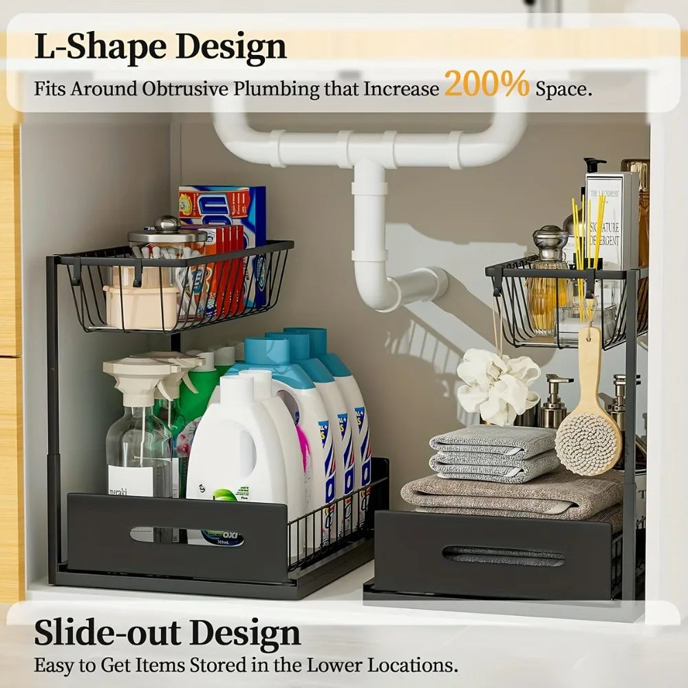 Under Sink Organisers, Metal Pull Out Under Sink Organisers,Storage Shelves with Sliding Drawer,Under Sink Storage for Kitchen