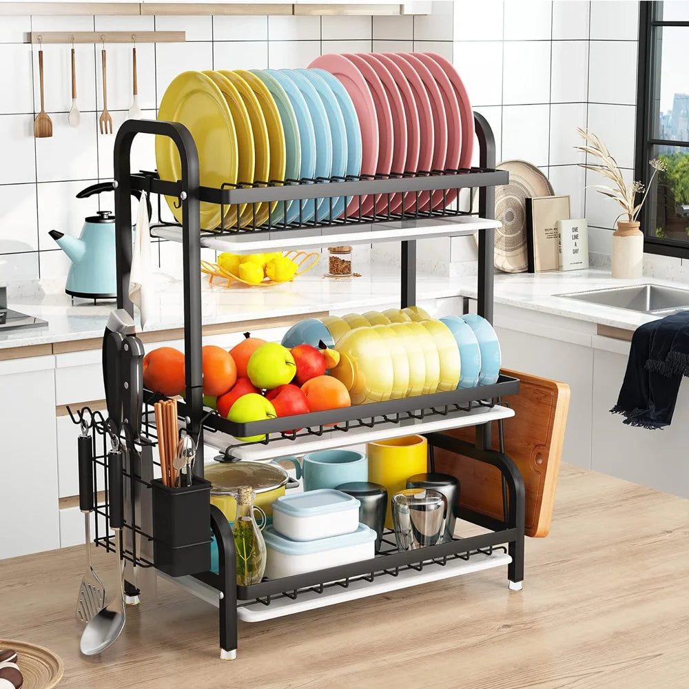 3 Tier Dish Drainer Rack with Drip Tray Cutlery Holder Plate Rack Kitchen Sink