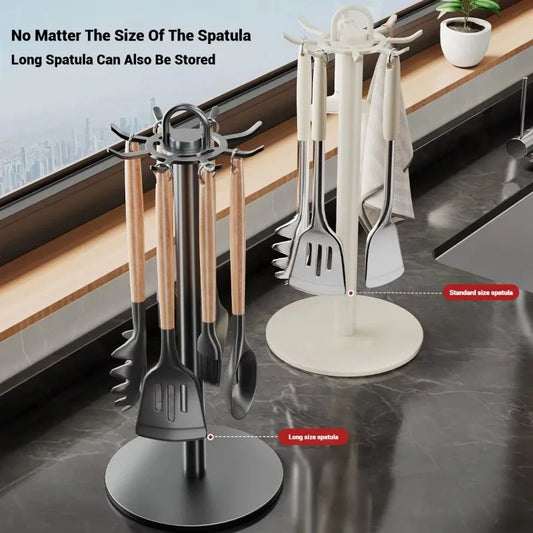 360° Rotating Kitchen Spatula and Utensil Rack - 8-Hook Movable Cooking Tool Storage Organiser for Countertop Space Saving