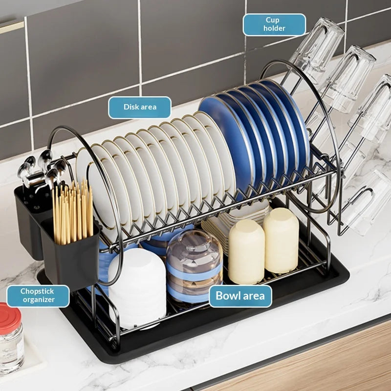 2-Layer Dish Drain Rack for Kitchen Countertop with Utensil Holder Cup Hanger Thickened Bowl Plate Organiser Storage Shelf