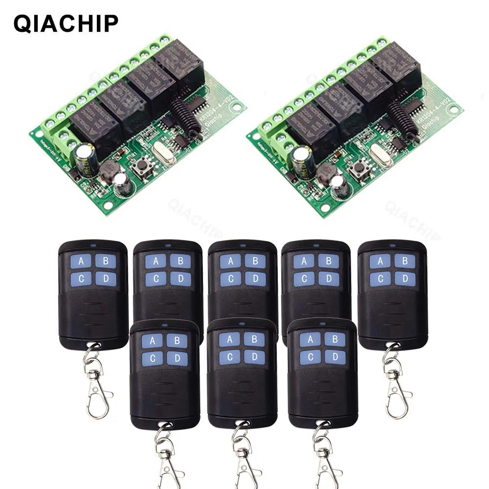 QIACHIP 4CH 433.92MHz Relay Module – DC 5V/12V/24V/48V 10A Wireless Remote Control Switch for EV1527, DC Motor DIY