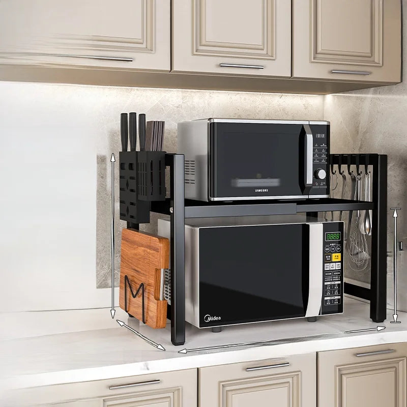 Kitchen Microwave Oven Rack Double Layer Expandable Multi Functional Home Appliance Storage Shelf Carbon Steel No Installatio...