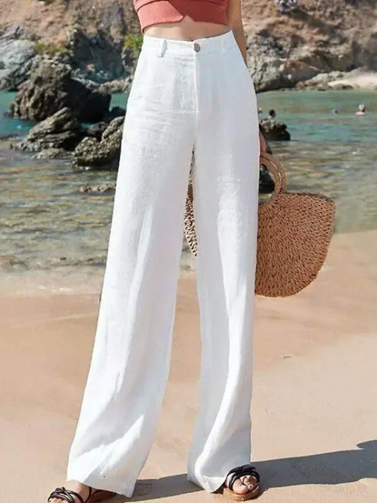 Women’s Cotton Linen Wide Leg Pants – High Waist Loose Fit Summer Trousers, Full Length Casual
