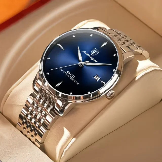 POEDAGAR Business quartz men's watch stainless steel waterproof night light date men's watch luxury casual simple men's watch