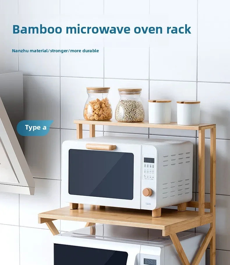 Kitchen Shelf Countertop Double Microwave Oven Shelf Desktop Seasoning Oven Storage Rack Bamboo Solid Wood