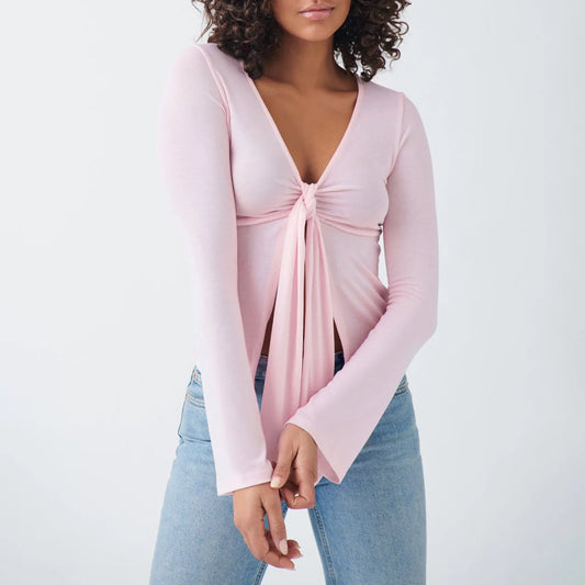Women's Spring Summer Slimming Crop Tops Long Sleeve V Neck Tie Up Solid Color Trendy T-shirt