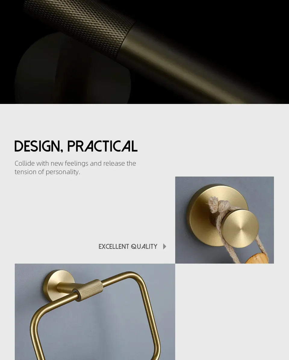 Bathroom Hardware Accessories  Brushed Gold Knurled Brass Kit Towel Bar Ring Robe Hook Paper Holder Towel Ring Toilet Brush