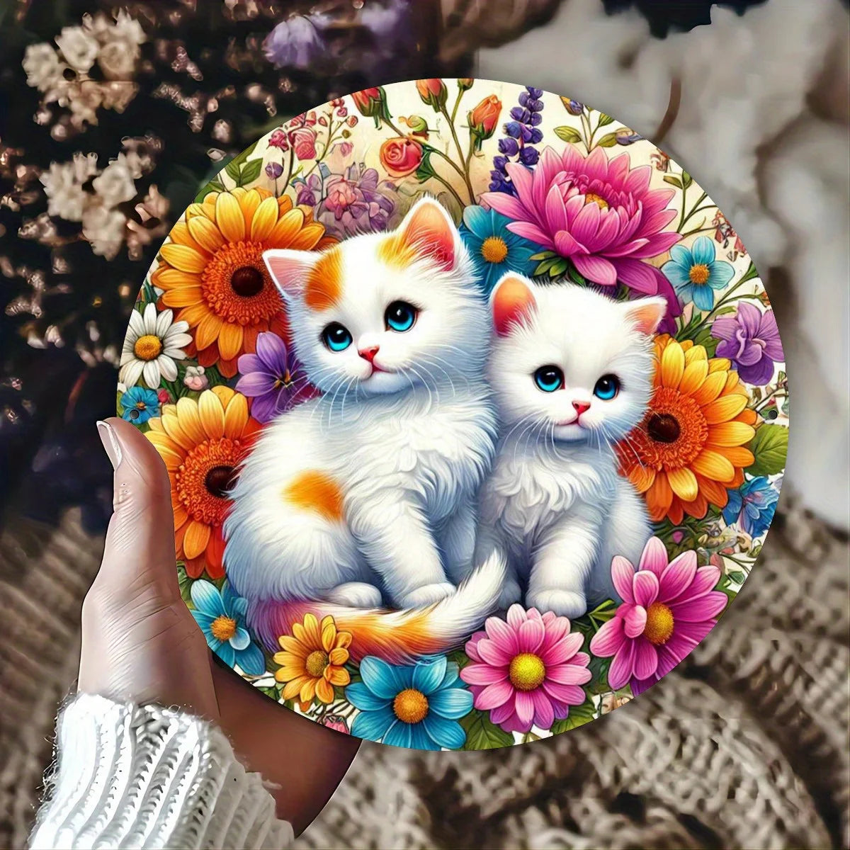 Charming Kitten & Floral 7.8" Metal Wall Art - HD 2D Printed, Durable for Indoor/Outdoor - Great Gift for Home, Garden, Porch