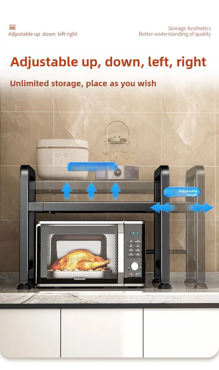 Kitchen Microwave Oven Rack Double Layer Expandable Multi Functional Home Appliance Storage Shelf Carbon Steel No Installatio...