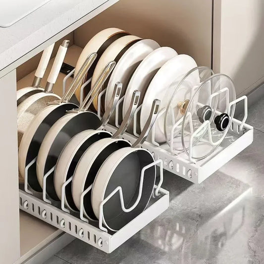 Kitchen Cabinet Pull Out Tray Organiser Adjustable Dish Rack with Slide Rails for Pots and Pans Storage