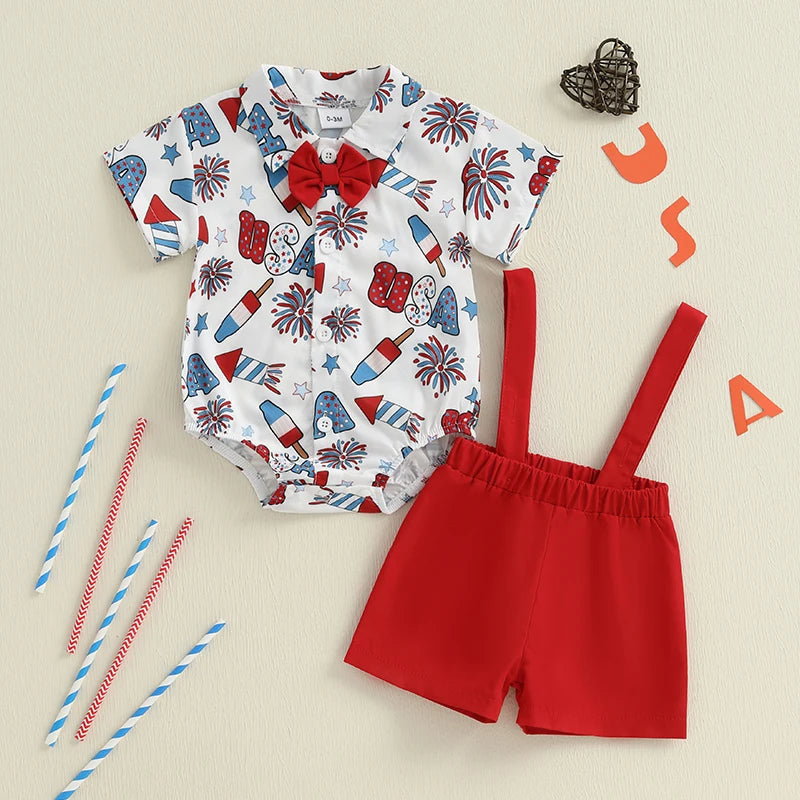 Toddler Boys Independence Day Outfits Short Sleeve Bowtie Romper Suspender Shorts Set Infant Clothing for 4th of July
