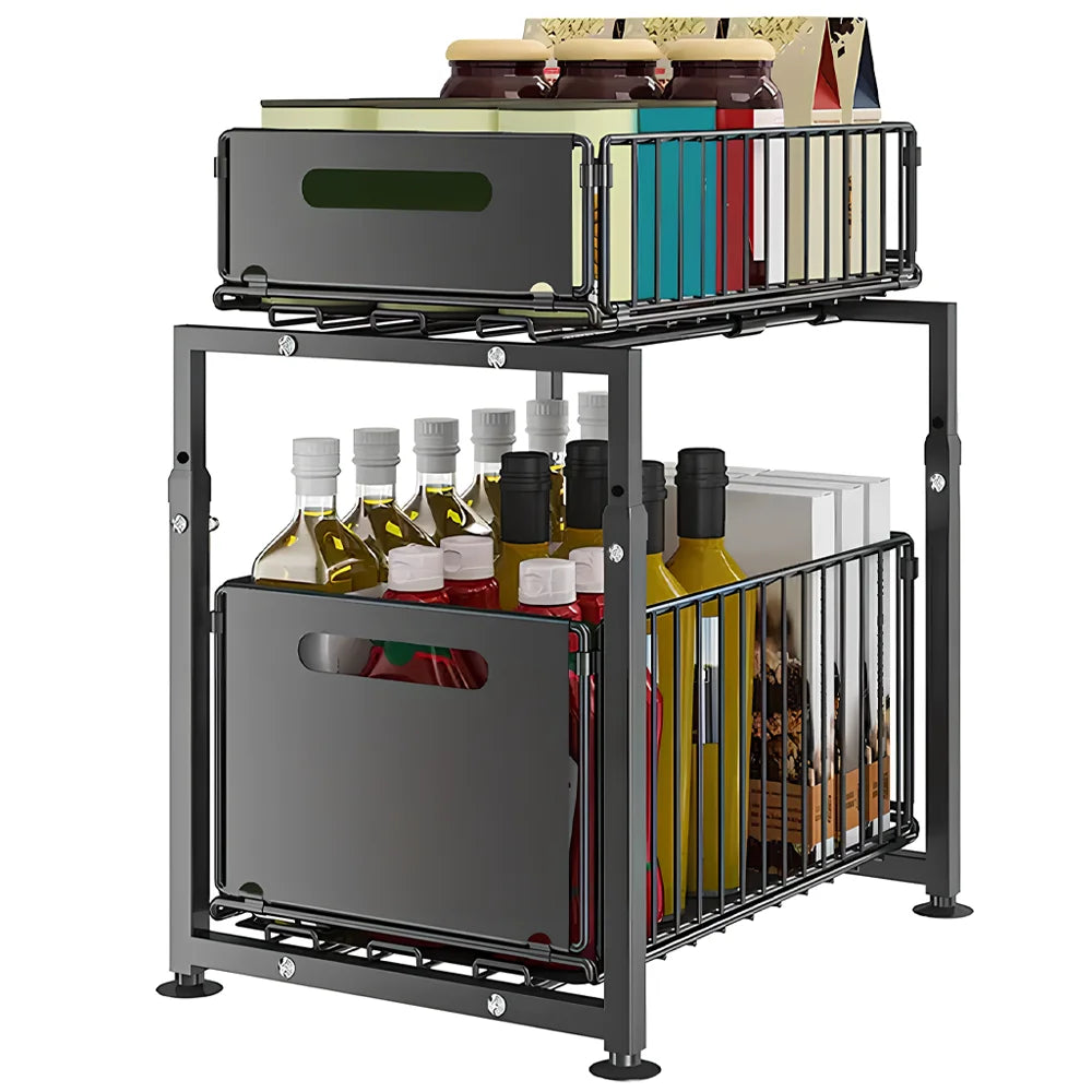 2 Tier Under Sink Storage Organiser Slide-out Cabinet Storage Basket Adjustable Kitchen Storage Rack with Suction cups