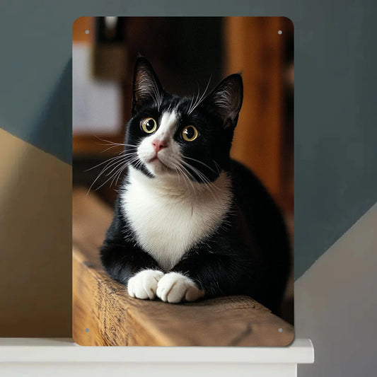 Vintage Black and White Cat Metal Sign - 8x12 Inches Aluminum Decor for Homes, Bars, Cafes, Offices, and Garages