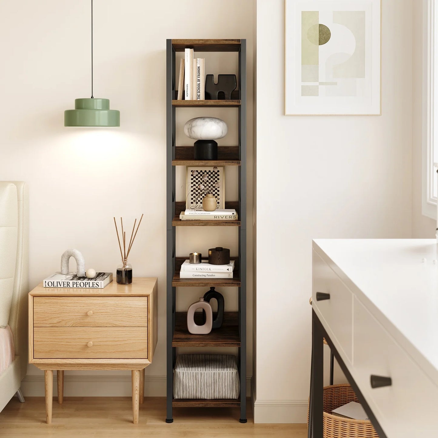 Bookshelf Narrow Bookcase Tall Skinny Storage Rack Shelf 6 Tier Industrial Bookshelf Display Racks for Home Office