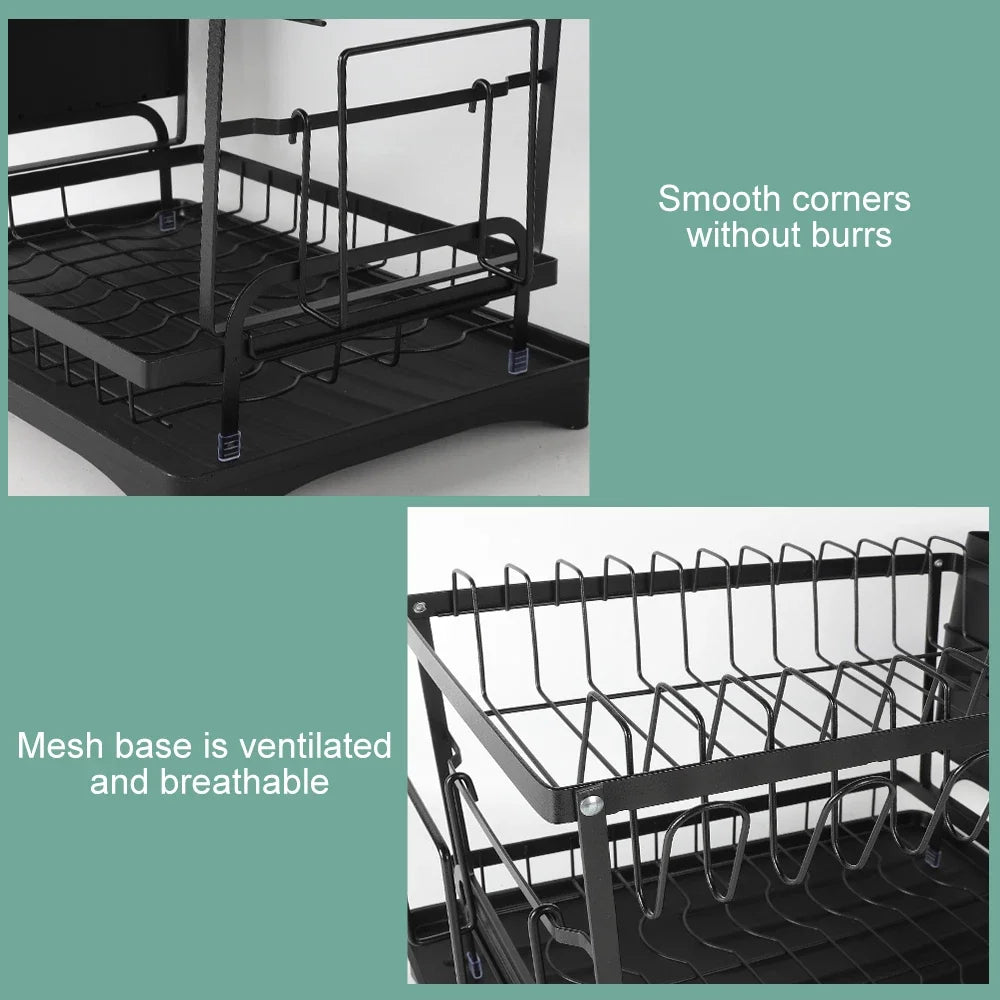 2 tier dish drying rack, Cutlery rack with spout and draining tray, cutlery holder, cup holder, kitchen countertop storage rack