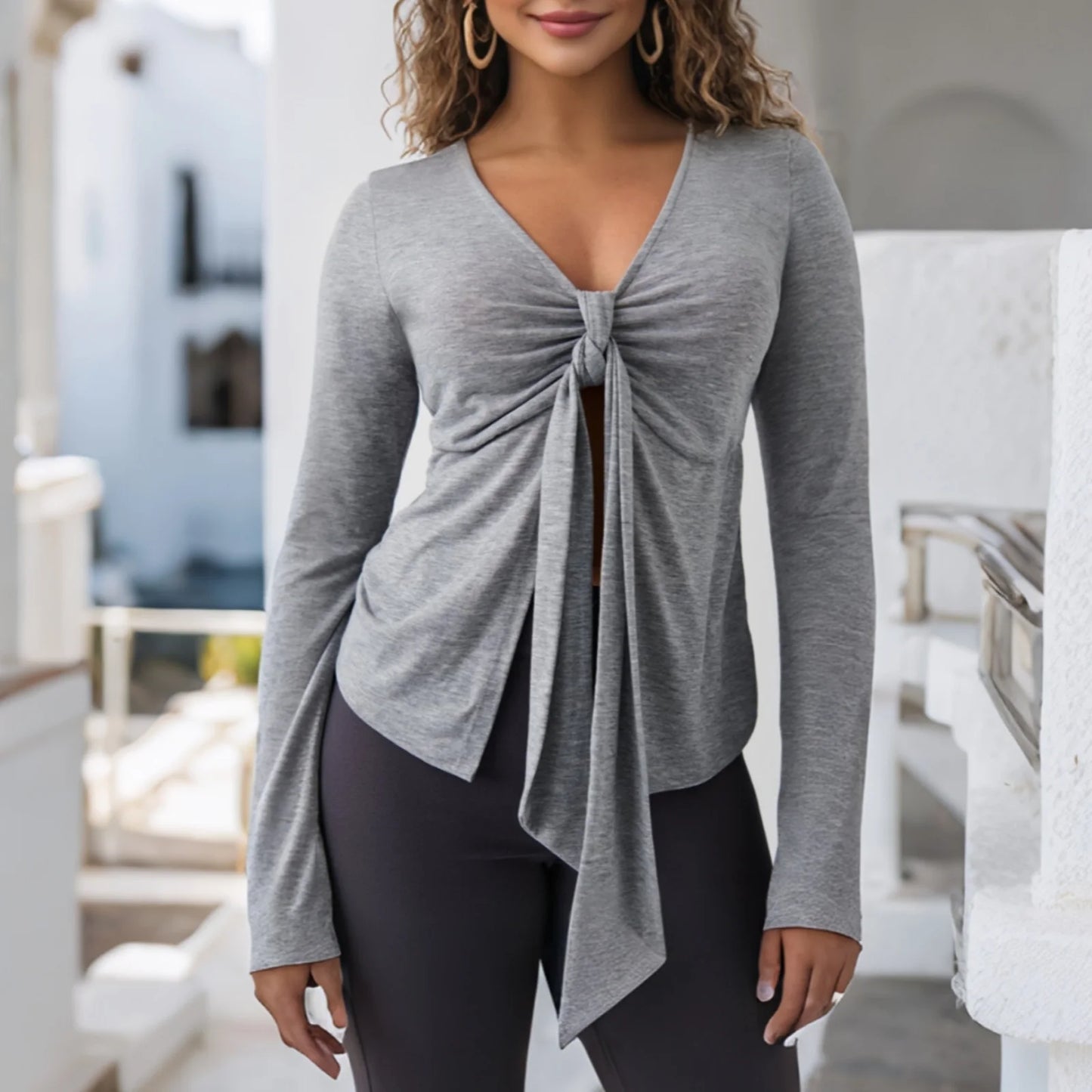 Women's Spring Summer Slimming Crop Tops Long Sleeve V Neck Tie Up Solid Color Trendy T-shirt