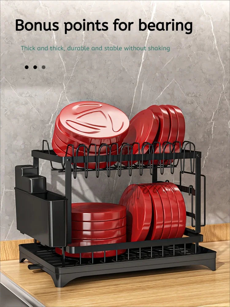 Black 2 Tier Dish Drying Rack Multifunctional Kitchen Bowl Dish Drain Rack Complete Set for Tableware Cutlery Cup Storage