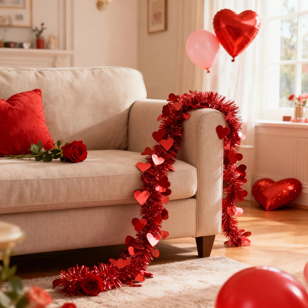 6-meter Artificial Valentine's Day Heart-shaped Vine - Festival Decoration Artificial Flower - Red Heart-shaped Hanging Ribbon