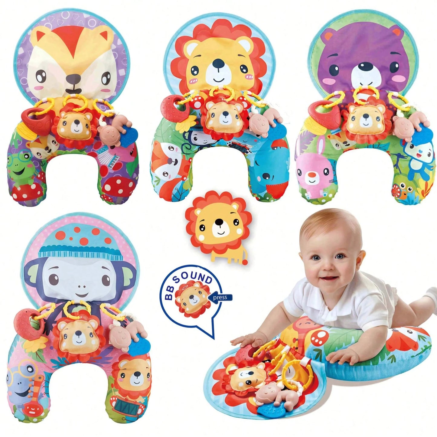 Baby Tummy Time Pillow with Rattle Toys, Multifunctional Crawling Mat Play Gym for Infants, Colorful Cartoon Animals Support Cus