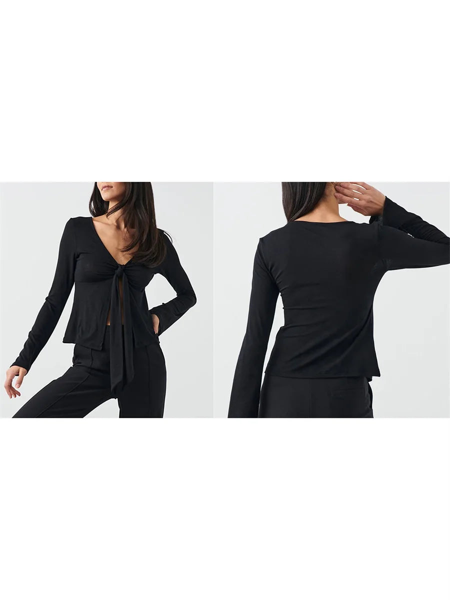 Women's Spring Summer Slimming Crop Tops Long Sleeve V Neck Tie Up Solid Color Trendy T-shirt