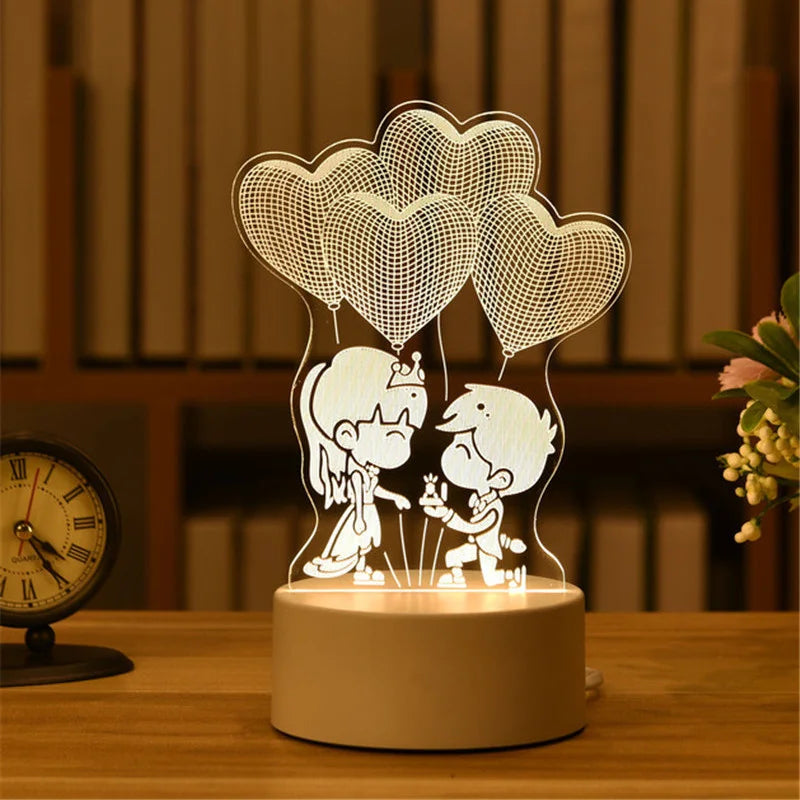 1pc USB Operated Night Light Creative 3D Acrylic Bedroom Bedside LED Table Lamp Ornaments Christmas Holiday Birthday Event Gift