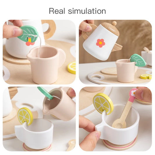 Kids Pretend Play Toys Popular Kids Kitchen Toys Realistic Wooden Tea Set Party Toy Set