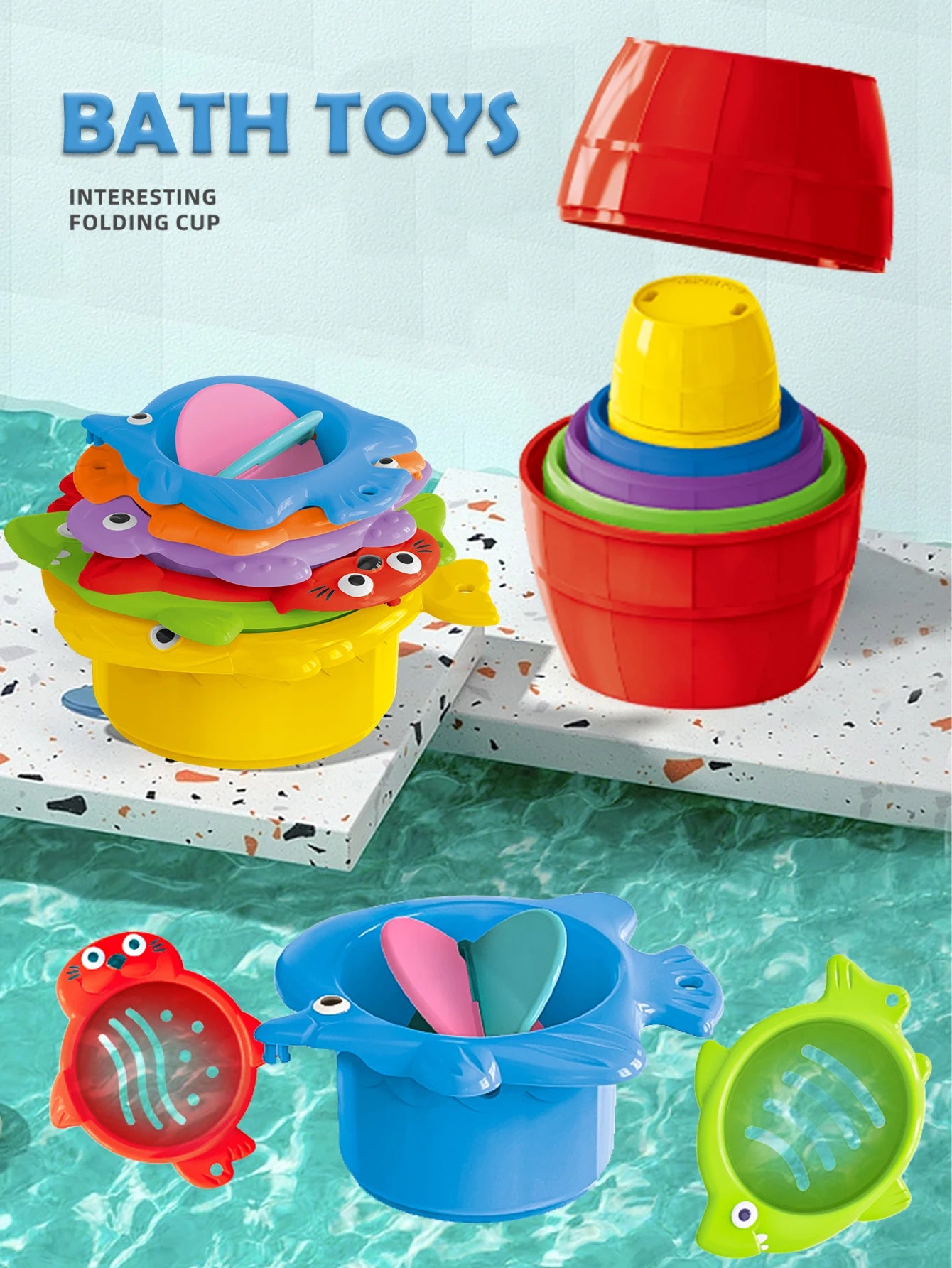 Baby Bath Toys, Stacking Cup Toddler Toy Random Colors Ocean Stacking Tower Bathtub Water Beach Play Bathroom Game Gifts