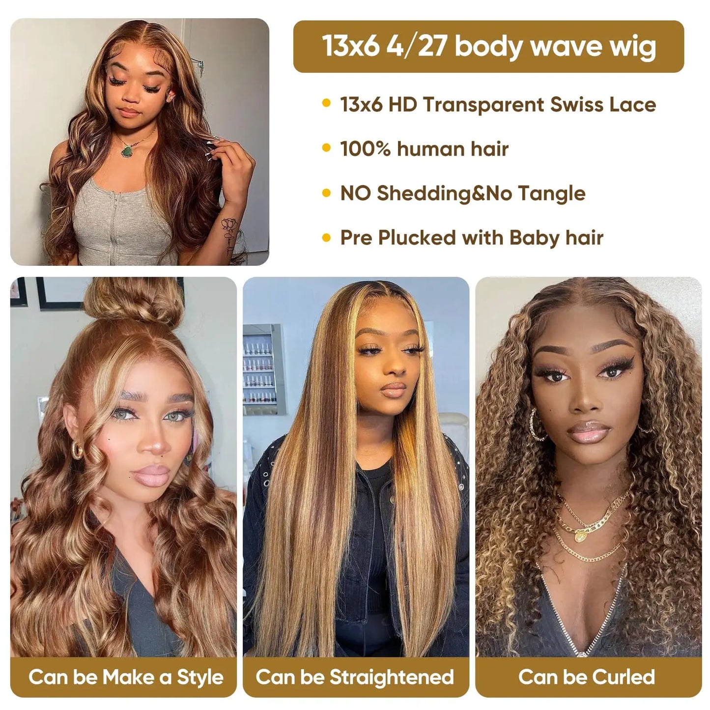 Ombre Lace Front Wig Human Hair 4/27 13x4 HD Body Wave Highlight Lace Front Wig Human Hair Pre Plucked Glueless Wigs Human Hair