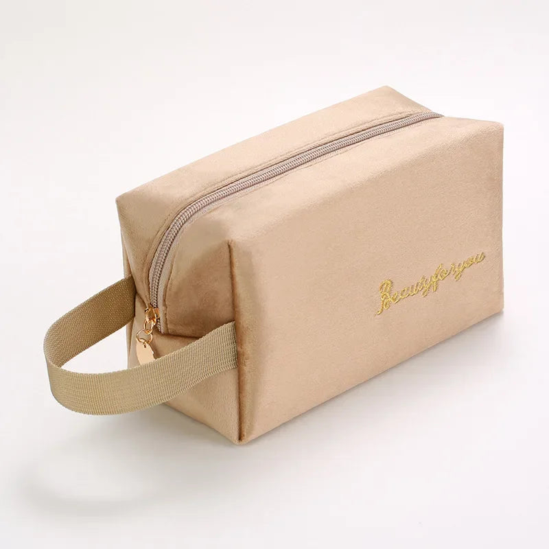 Plush Cosmetic Bag for Women – Large Zipper Makeup & Toiletry Travel Pouch, Solid Color Beauty Bag