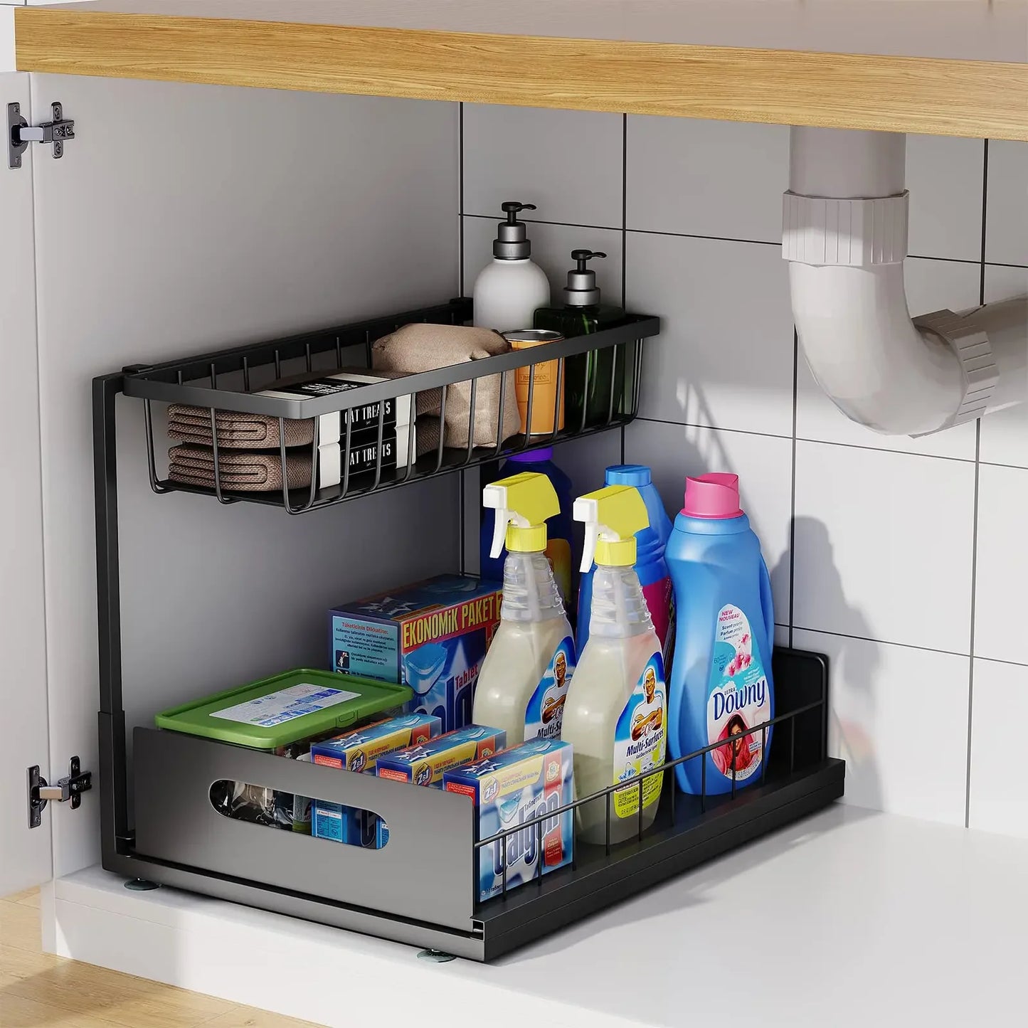 Double-layer Sliding Rail Basket Under-Sink Storage Rack Bathroom & Kitchen Storage