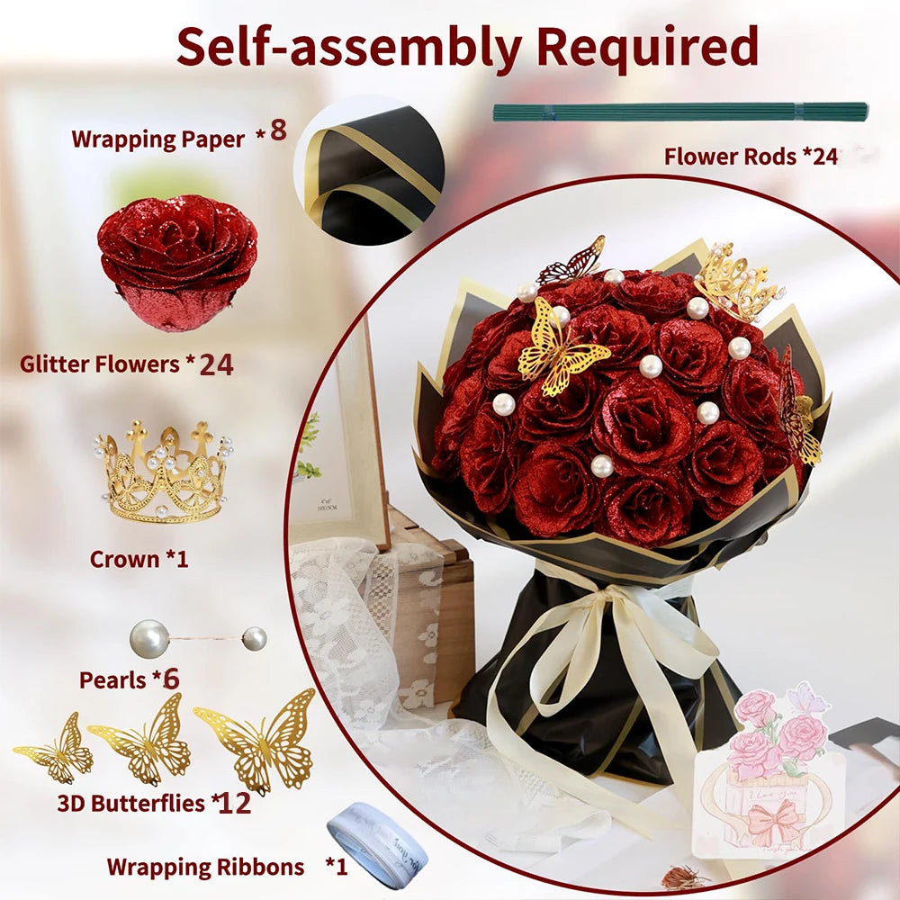 12/24pcs Red Glitter Roses Bouquet DIY Gift Set Everlasting Shiny Artificial Rose for Valentines Anniversary Engagement Wedding