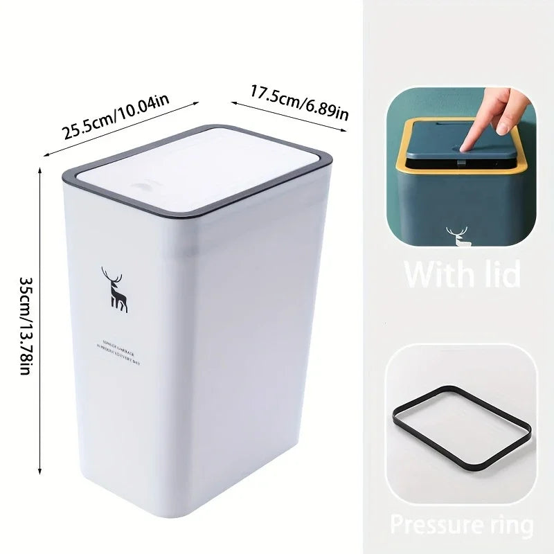 1pc Bathroom Trash Can 15L Garbage Can with Press Top Lid for Kitchen, Bedroom, Living Room Plastic Wastebasket with Pop-up Lid