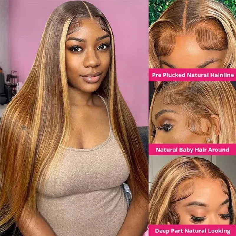 13x6 HD Highlight Lace Frontal Wig P4/27 200 Density Human Hair Honey Blonde Piano Bone Straight 13x4 Lace Front Wigs for Women