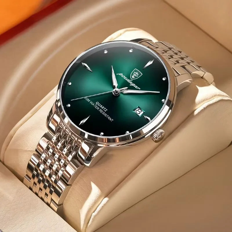 POEDAGAR Business quartz men's watch stainless steel waterproof night light date men's watch luxury casual simple men's watch