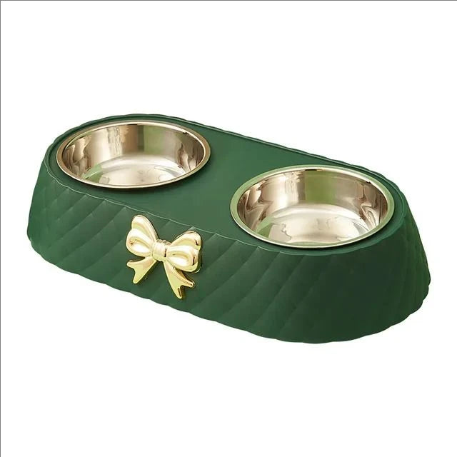 Double Pet Bowl for Cats & Dogs – Bow-Tie Design, Stainless Steel Food & Water Feeder with PP Base