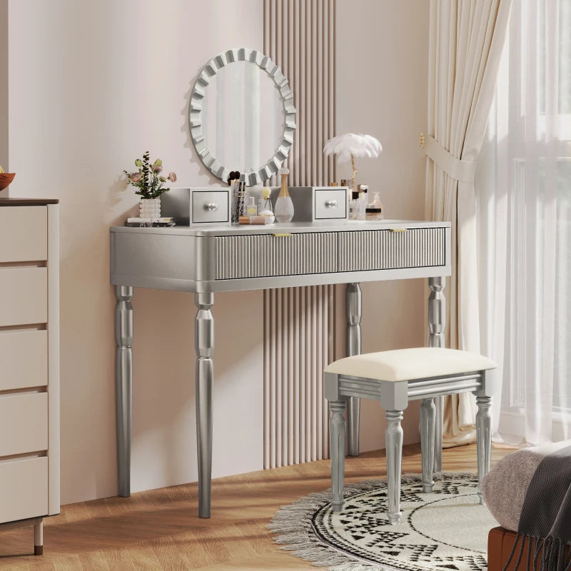 Vanity Desk With Round Mirror Height-Adjustable  Stylish Dressing Table Set  4 Drawers & Stool  Sier