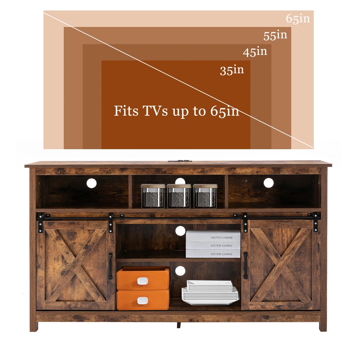 TV Stand Farmhouse Coffee Bar Cabinet Rustic Sliding Barn Door Storage Cabinet with Power Outlet & LED Light, 57" Wooden TV Cabi