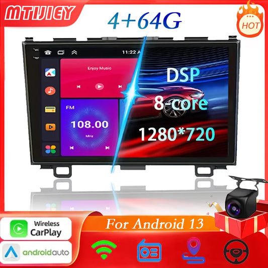 MTIJIEY 4+64G 8Core Android13 Carplay Car Radio For Honda CR-V 3 RE CRV 2007-2011 Multimedia Video Player 2 Din Navigation GPS