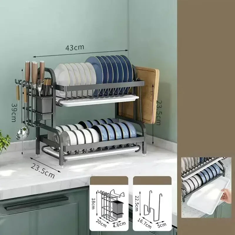 2 Tier Stainless Steel Dish Drainer with Utensil Holder Compact Rust Proof Kitchen Storage Organiser Drying Rack for Dishes